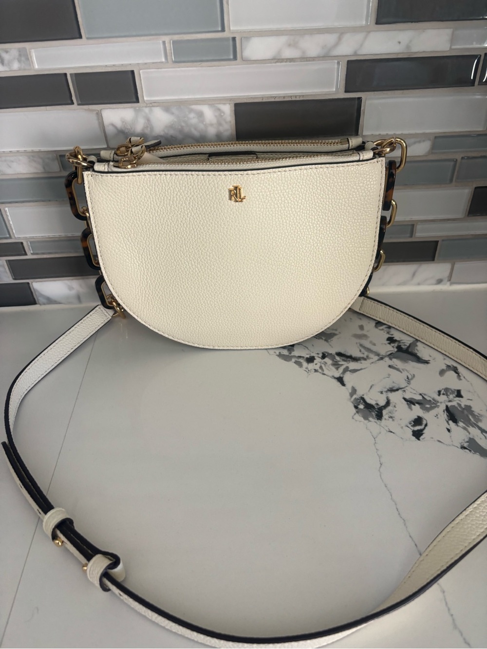 RL White Leather Crossbody Saddle Bag like new